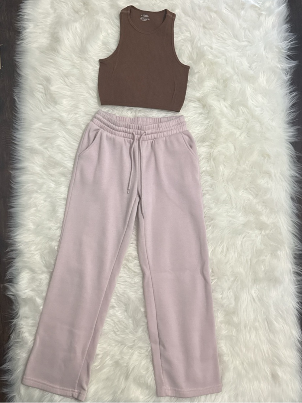 Theory Brown Crop Tank with Light Pink Sweatpants
